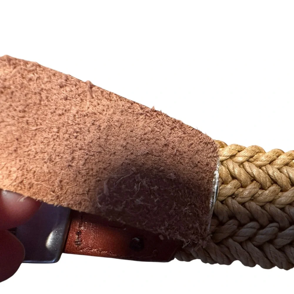 Tommy Bahama Woven Belt Tan Rope Braided Leather Trim Size 36 Made Spain 1.4”